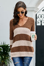 Afbeelding in Gallery-weergave laden, Brown V Neck Loose Color Block Sweater
