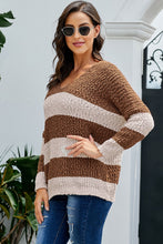 Afbeelding in Gallery-weergave laden, Brown V Neck Loose Color Block Sweater
