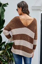 Afbeelding in Gallery-weergave laden, Brown V Neck Loose Color Block Sweater
